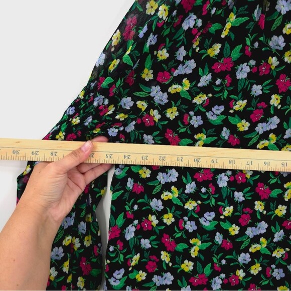 Ann Taylor Floral Balloon Sleeve Top XL Smocked Black Pink Chiffon Feminine - Picture 14 of 15